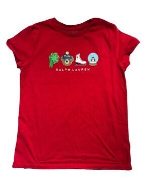 Polo Ralph Lauren Kids L 12-14 Red Holiday Polo Bear Graphic Tee Preppy Coastal